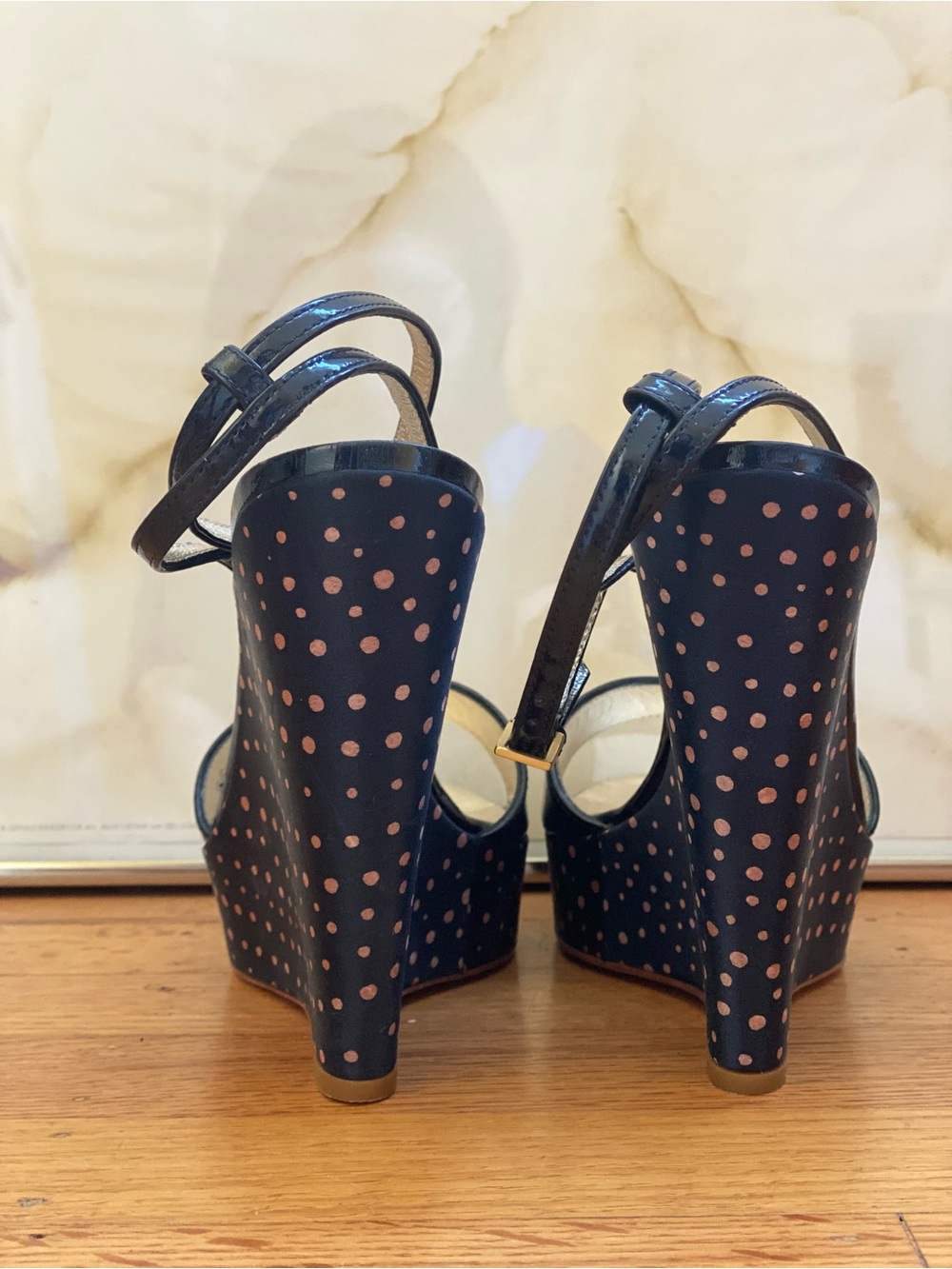 🧚‍♀️ Escada Navy Wedge Sandals with Pink Polka Dots Size 36